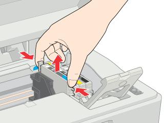 Open the cartridge cover. Pinch the sides of the ink cartridge that you want to replace. Lift the cartridge out of the printer and dispose of it properly.