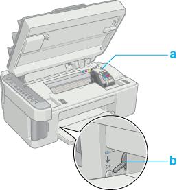 j. Scanner unit: Open and close when you replace an ink cartridge. k. On button: Turns this product on and off. a. Cartridge cover: Hold the ink cartridge in place. b. Adjust lever: Adjusts the distance between the print head and the paper to prevent smearing.