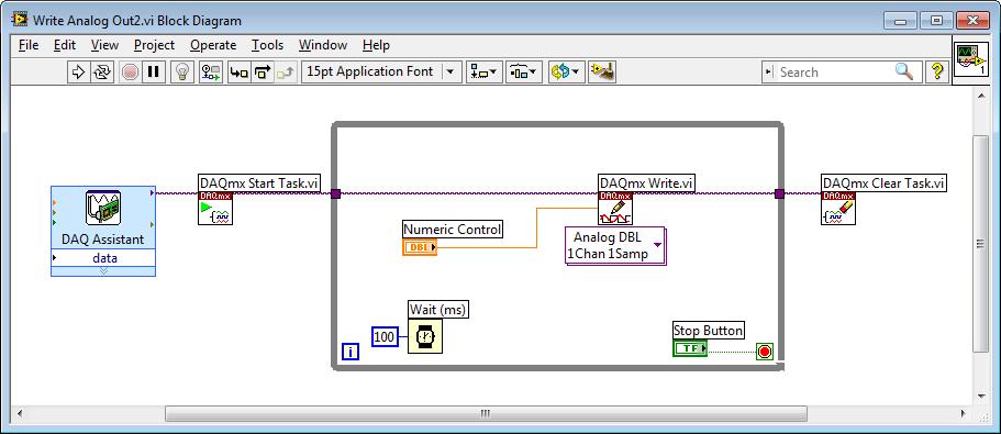 16 Using mydaq in LabVIEW 7.1.2 Using DAQmx functions Another approach is to put the DAQ Assistant outside the loop for better performance.