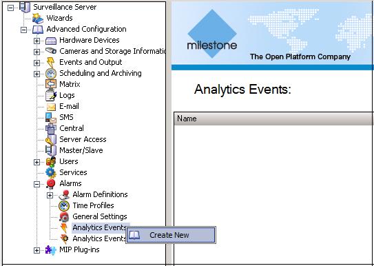 Figure 3-6: Milestone Management Client Analytics Events Create New 3.