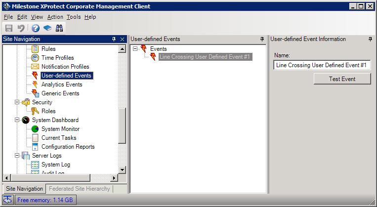 Figure 3-11: Milestone Management Client User Defined Event 5. Add a new alarm that links between the Analytics Event and the User-Defined Event. Note the areas marked red in the screen capture below.