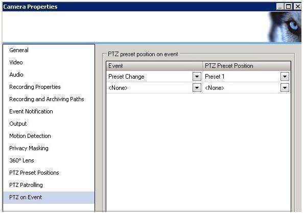 c. Select the Manual Event (defined above) and the PTZ preset you want to jump to when the event occurs. Figure 3-15: Milestone Management Client PTZ on Event 3.