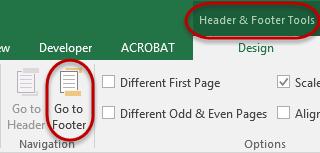 Excel will open the center section of the header. Note: If the cursor is located in any of the columns within the Header or Footer, the Header & Footer Tools Design tab will appear.