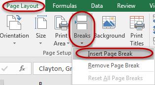 Navigate to the Page Layout tab, click on the Breaks icon, and then select Insert Page Break. Note: The Page break will always be inserted to the top and the left of the active cell.