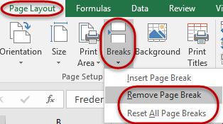 Remove a Page Break To remove a page break, select a cell immediately below the page break. Navigate to the Page Layout tab, click on the Breaks icon, and then select Remove page break.