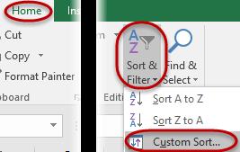 The custom sort window appears and defaults to sorting the first column within the data in A to Z (ascending) order.