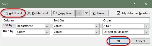 When the Then by level options are selected, users may add another level by clicking on the Add Level button and then choosing the Column, Sort On, and Order options again, or they may apply the