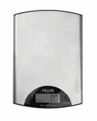 Dimensions 2.0W x 7.5L x 7.5H in. Colours Black, White Power 2 AA batteries included ME-5KG Stainless Steel 72180 2 814859013339 Stainless-steel digital kitchen scale Units displayed include g, oz.