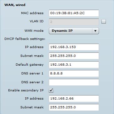 Enable secondary IP specify the alternative IP address and the netmask for APC unit management. WAN mode choose Dynamic IP to enable DHCP client on the WAN side.