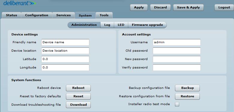 Figure 56 Device Administration Settings Device settings Friendly name specify name of the APC that will be used to identify the unit.