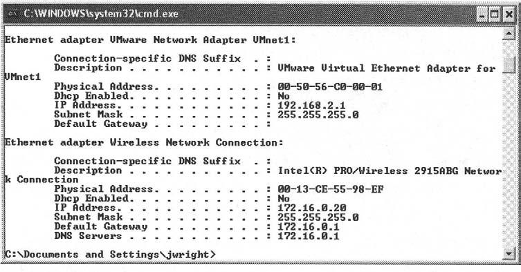 294 Chapter 6 Wireless Sniffing with Wiresharic Figure 6.4 Windows MAC Address Information pthernet adapter UNware Network Adapter UMnetl: Connection-specific DNS Suffix.