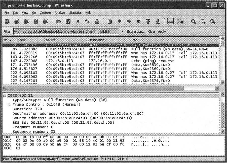 296 Chapter 6 Wireless Sniffing with WIreshark Figure 6.7 Filtering on Source MAC Address and BSSID m»'*^ssmi, I m&k wi^^lt^l^ m tttitf ^ gxpresswjn*.. ^sar &p^ m 85 2. 323882 161 4. 720319 163 4.