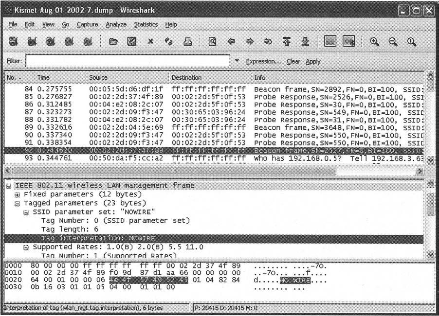 298 Chapter 6 Wireless Sniffing with Wireshark Figure 6.9 Displaying the SSID Tagged Parameter gie gdr: 3^ ^ C«pturs Analyze Statistics i^ ^ «^ ««^ Jfc % ^ eifcerh ^ gxpres^on... piear gppv 84 6.