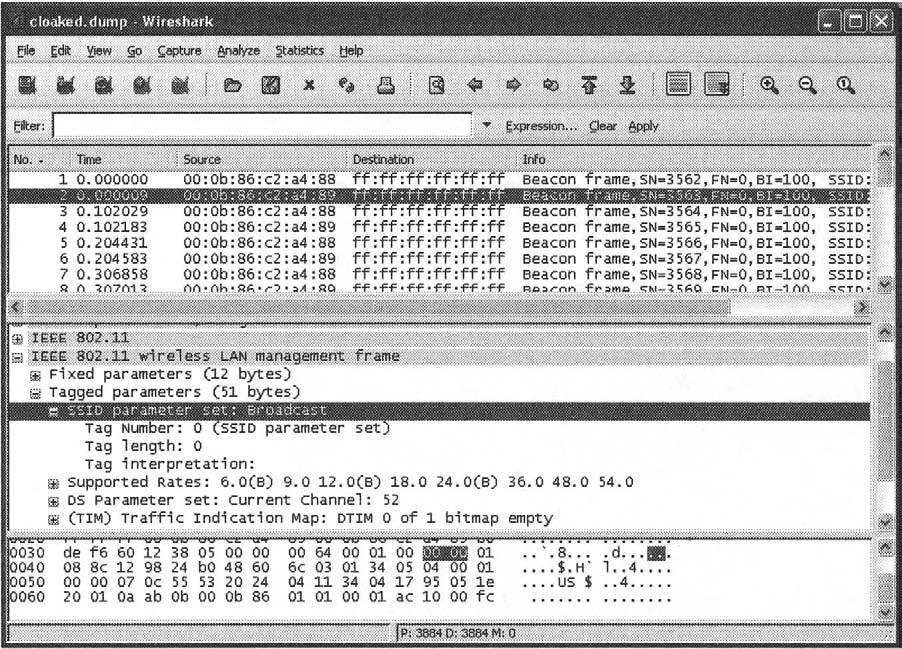 306 Chapter 6 Wireless Sniffing with Wireshark Identifying Hidden SSIDs Many organizations have adopted SSID cloaking, or prevented their APs from advertising their SSIDs to anyone v^ho asks.