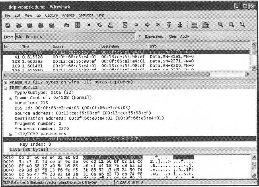 Wireless Sniffing with Wireshark Chapter 6 315 Despite the use of tkip in this display filter, it's not possible to differentiate between TKIP or CCMP by looking at the encryption header.