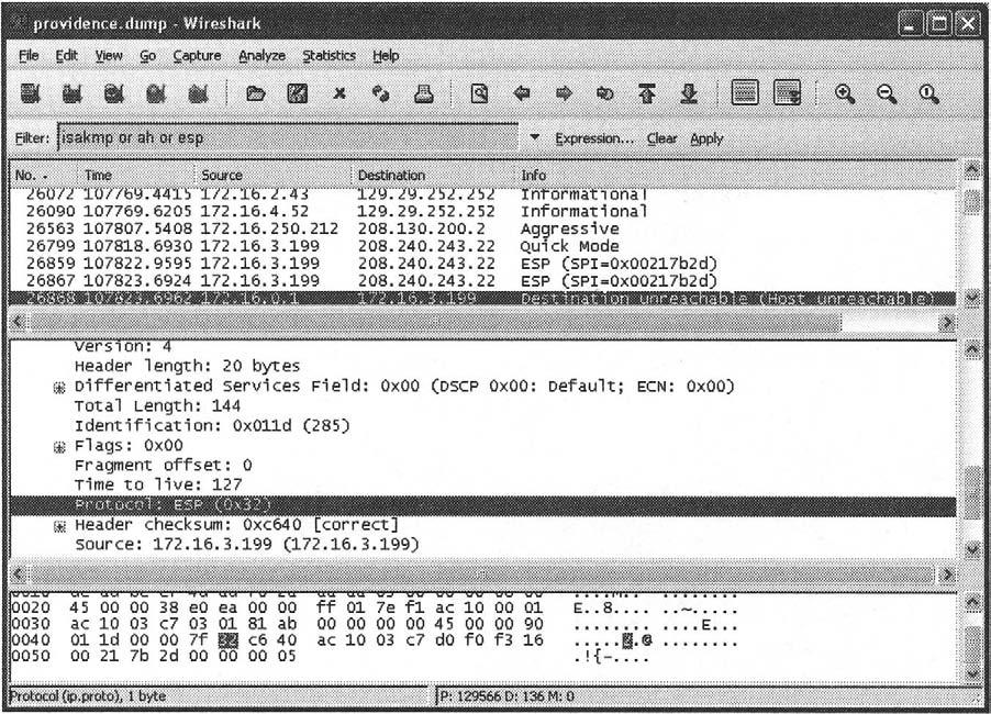 Wireless Sniffing with Wireshark Chapter 6 317 isakmp or ah or esp This filter will return any of the associated IPSec protocols, as shown in Figure 6.