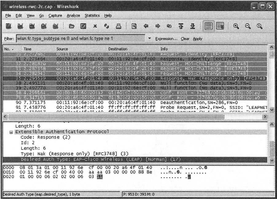 336 Chapter 6 Wireless Sniffing with Wireshark Like the previous packet capture, we determine that the station at 00:20:a6:4f:01:40 is able to complete the IEEE 802.