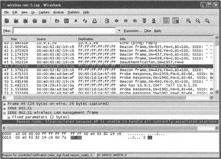 346 Chapter 6 Wireless Sniffing with Wireshark in the payload of the management frame known as the reason code, which identifies why the station was disconnected from the network.