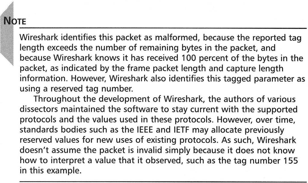 360 Chapter 6 Wireless Sniffing with Wireshark In this example, Wireshark identifies the tag number as 155 or 0x9b with a length is 65 bytes {0x41).