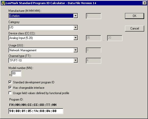 To start the Standard Program ID Calculator from the Device Template Wizard (see Creating a Nodebuilder Project from the LonMaker Tool), click Calculator in the Program ID window.