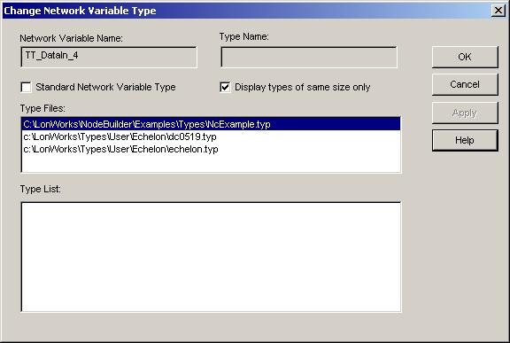 Set Standard Network Variable Type to select the type from the SNVTs detailed in the SNVT and SCPT Master List. Clear this option to select a type from the available user-defined types.