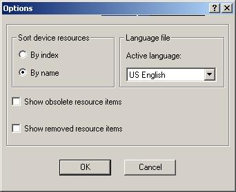 This dialog allows you to set the following options: Sort Device Resources Displays resource items sorted by name or by index. If By Name is selected, resource items are sorted alphabetically.