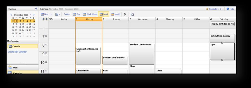 Outlook 2007 Calendar Page 27 Outlook 2007 Calendar The calendar feature in Outlook 2007 Web Access is hosted over the CMS Exchange Server.