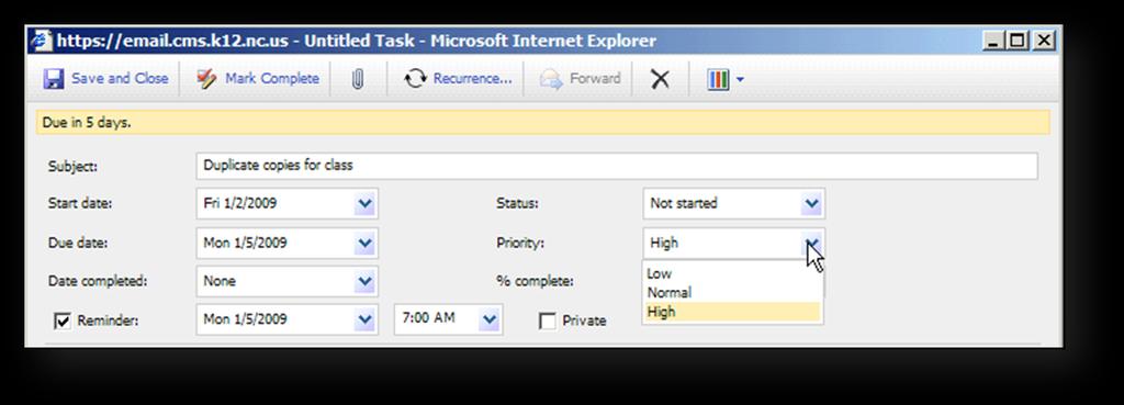 The Untitled Task window appears. 3. Type a Subject. 4. Select a Start Date and Status. 5.