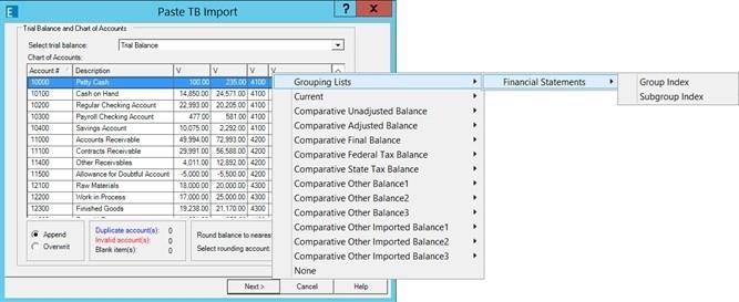 Fewer Steps to Setup Accounts when Importing Trial Balance Data When you import data into the Paste TB Import window, the first two columns are pre-defined as Account # and Description, because they