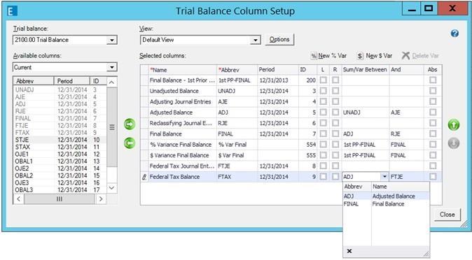 Improved Experience with Setting up Trial Balance Columns You will find it easier to view the data in the Trial Balance Column Setup window, because now you can: Resize the window to see more data in