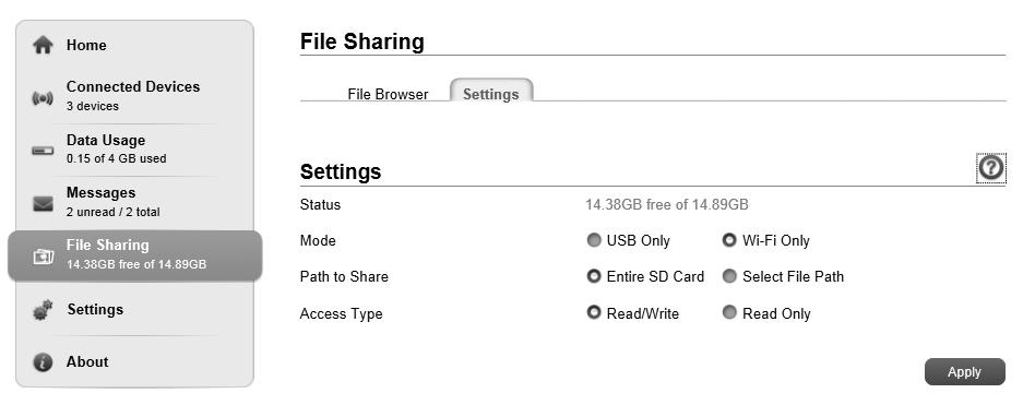 Sharing microsdhc Card via Web Browser Select File Sharing > Settings tab. If you are still logged in, select File Sharing > File Browser tab.