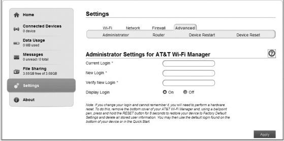 Change AT&T Wi-Fi Manager Home Page Access Settings You can customize the Admin Login used to access the AT&T Wi-Fi Manager home page. On the AT&T Wi-Fi Manager home page: Log in as Administrator.