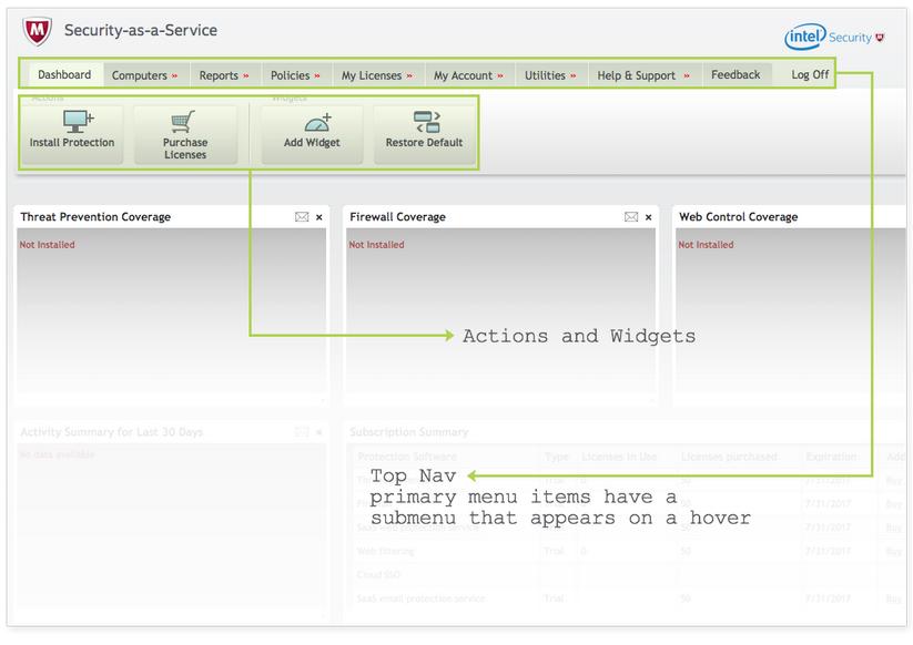 Navigation Top nav and navigation buttons 1. top nav 2. Mcafee epo Cloud flyout menu The SecurityCenter menu stretches across the top of the screen. Submenus are nested beneath each menu item.