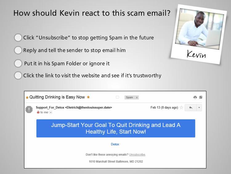 See if you can help Kevin address this scam. What is the best course of action? 1. Click Unsubscribe to stop getting Spam in the future 2. Reply and tell the sender to stop emailing him 3.