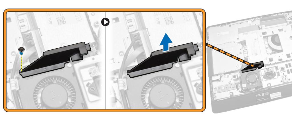 4. Perform the following steps as shown in the illustration: a. Disconnect the power-supply fan cable from the connector on the system bo