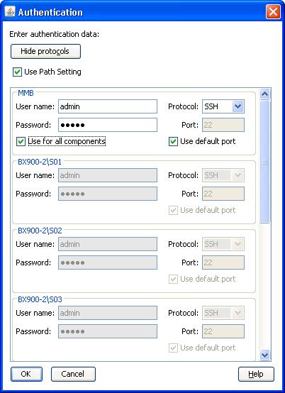 5.5 Dialog boxes Figure 78: VIOM Manager authentication (single blade server) In this dialog box, you enter the user names/passwords for the management blade and for the IBP modules, which VIOM can