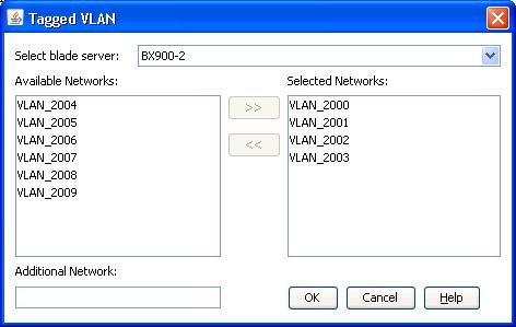 5.5 Dialog boxes Figure 90: Network selection dialog box for Tagged VLAN Select blade server Lists all managed blade servers.