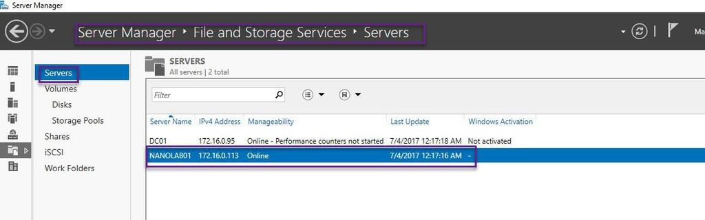 Access file and storage services from server manager console to browse which