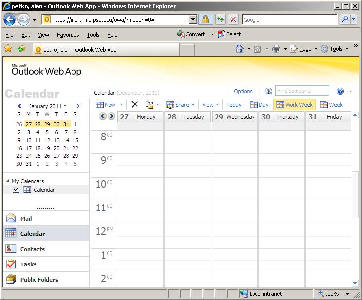 Using Calendars Calendars The Outlook Web Access calendar has many of the same features as available in the Outlook 2010 application. Using the calendar tools, you can chose the options you want.