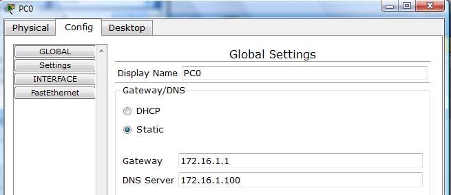 Click on Interface and then FastEthernet. Although we have not yet discussed IP Addresses, add the IP Address to 172.