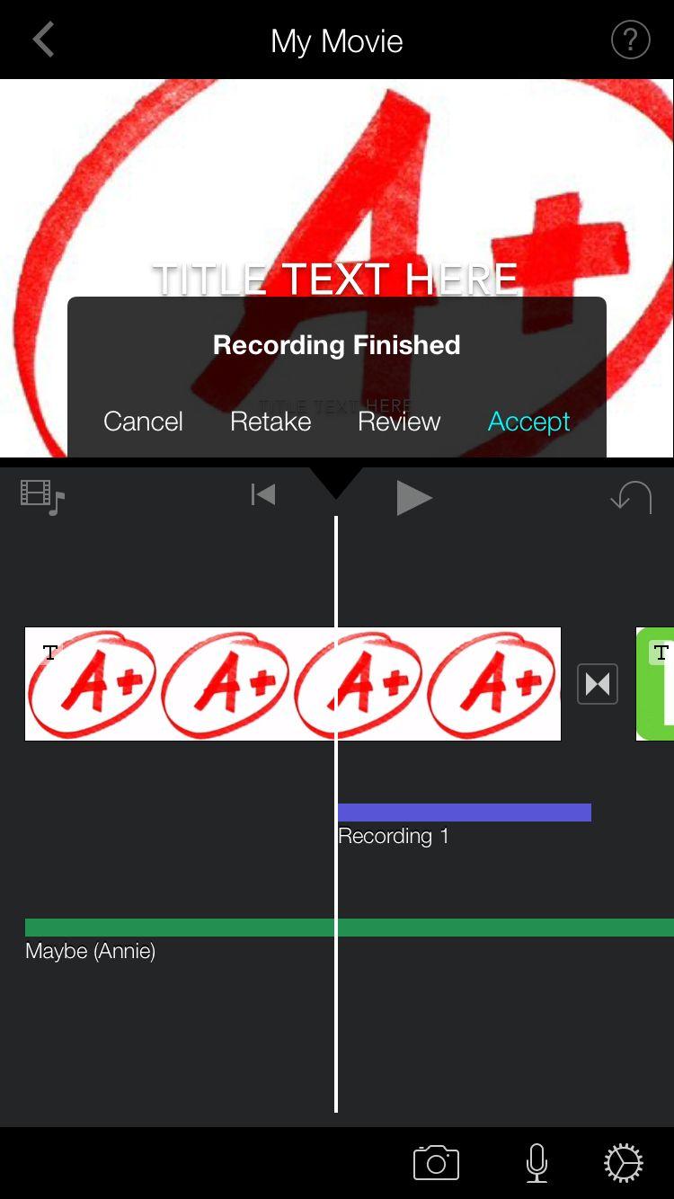 To record a voiceover on an, click the microphone button in the lower right hand corner of imovie. A screen will then appear that says Ready to Record.