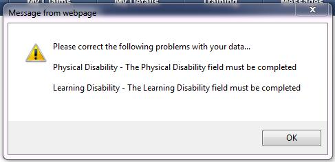 Click the OK button to close the message, click the Update button to make the field editable again, and choose your answer. Learning Disability : As per Physical Disability above. 2.