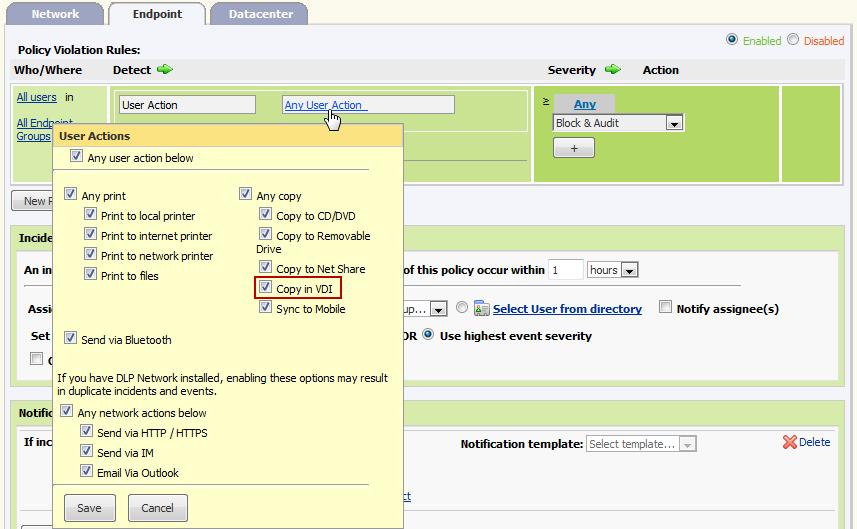 7. Click the Endpoint tab then the Any User Action box. Click the Copy in VDI checkbox then the Save button.