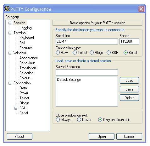 Select a connection type of "Serial" from the radio buttons, then set the speed to 115200 and the serial