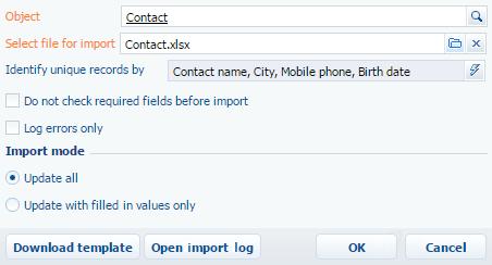 User guide Fig. 194 Configuring the import parameters 1. Select which columns must be used to determine if the imported account is new or already registered in the system.
