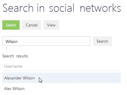 Integration with social networks 5. A page containing the contact search results for the selected social network will open. Select a social network account (Fig. 232). Fig.