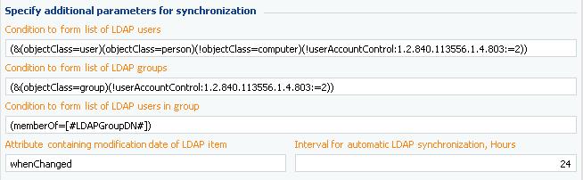 Synchronization of user accounts and roles with LDAP Fig. 251 Detail for setting up additional synchronization parameters (Fragment of the LDAP synchronization setup window) 1.
