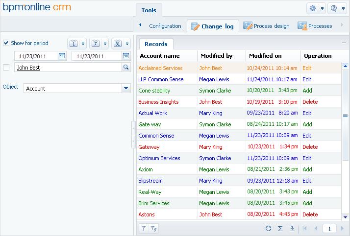 The [Change log] section THE [CHANGE LOG] SECTION Using the [Change log] section (Fig. 311), you can track changes in the system database tables. Fig.