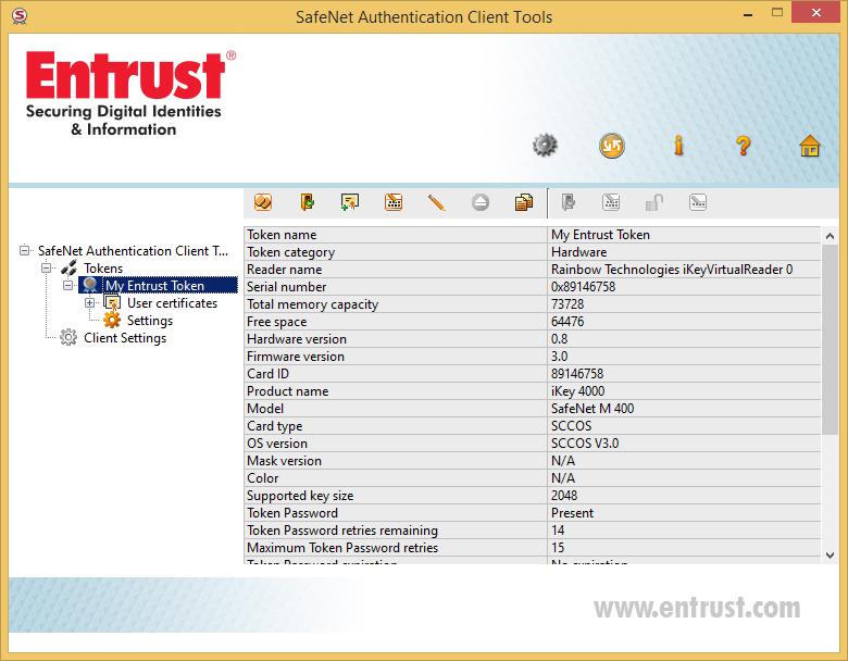 Installing your Entrust certificate on a token 4 In the tree view, expand SafeNet Authentication Client Tools > Tokens.