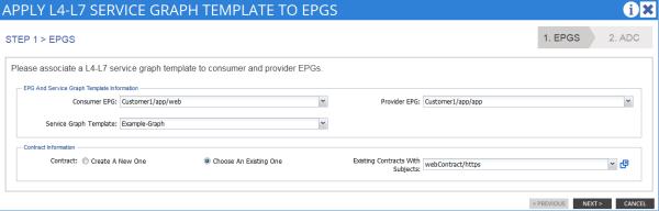 Integrating with Cisco APIC Figure 8: Applying the service graph template to EPGs 1. From the Consumer EPG list, select the appropriate EPG. 2. From the Provider EPG list, select the appropriate EPG.